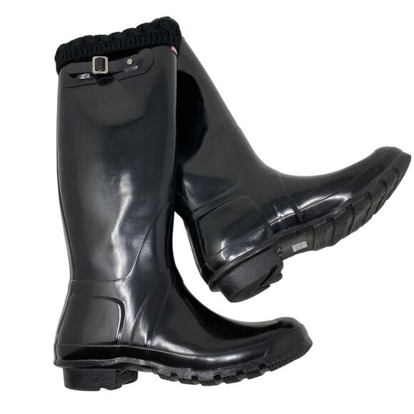 Hunter Original Black Rain Snow Water High Gloss Boots w/ Socks 8M - Picture 6 of 7